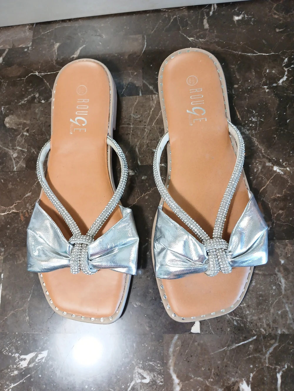 Rouge Helium Silver Bow Slide Sandals - Women's Metallic Slip-On
